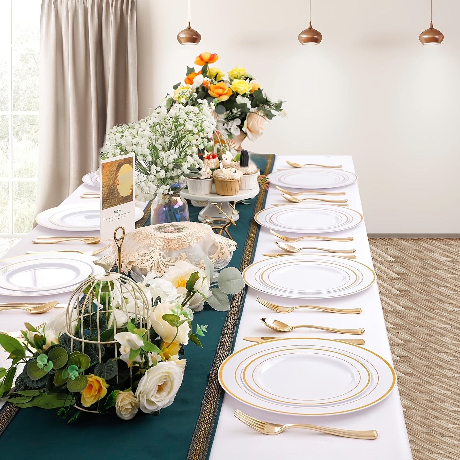 300-Piece Plastic Silver Plates – White & Silver Disposable Plate Set Includes 60 Dinner Plates, 60 Dessert Plates, 60 Forks, 60 Spoons, 60 Knives