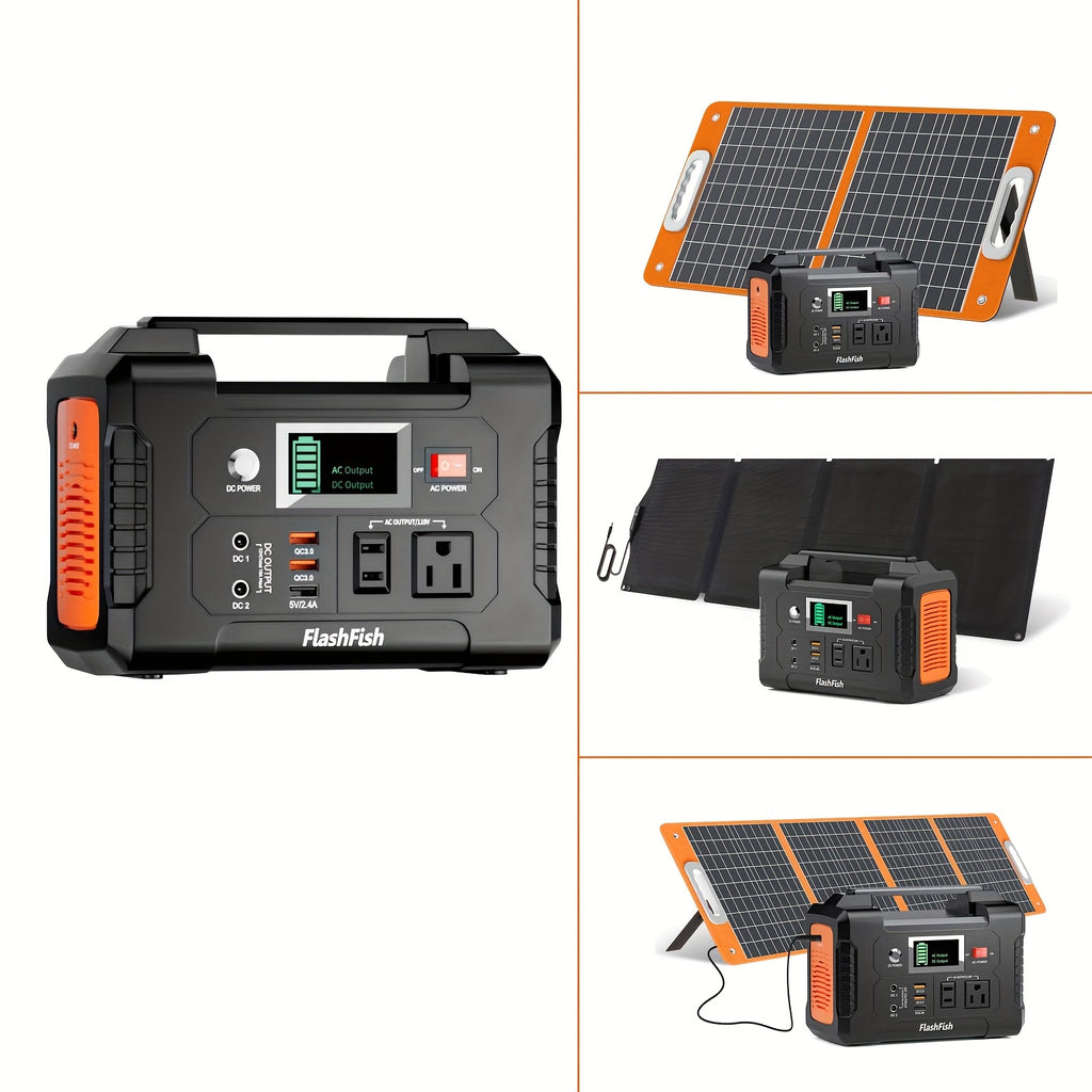 Flashfish 便攜式電源站鋰電池組，120W/150W/200W 便攜式太陽能發電機站，60W/100W 太陽能板可選，151Wh 鋰電池備用電源，具備 110V AC USB DC 輸出，適用於家庭緊急情況、戶外露營、露營車、釣魚