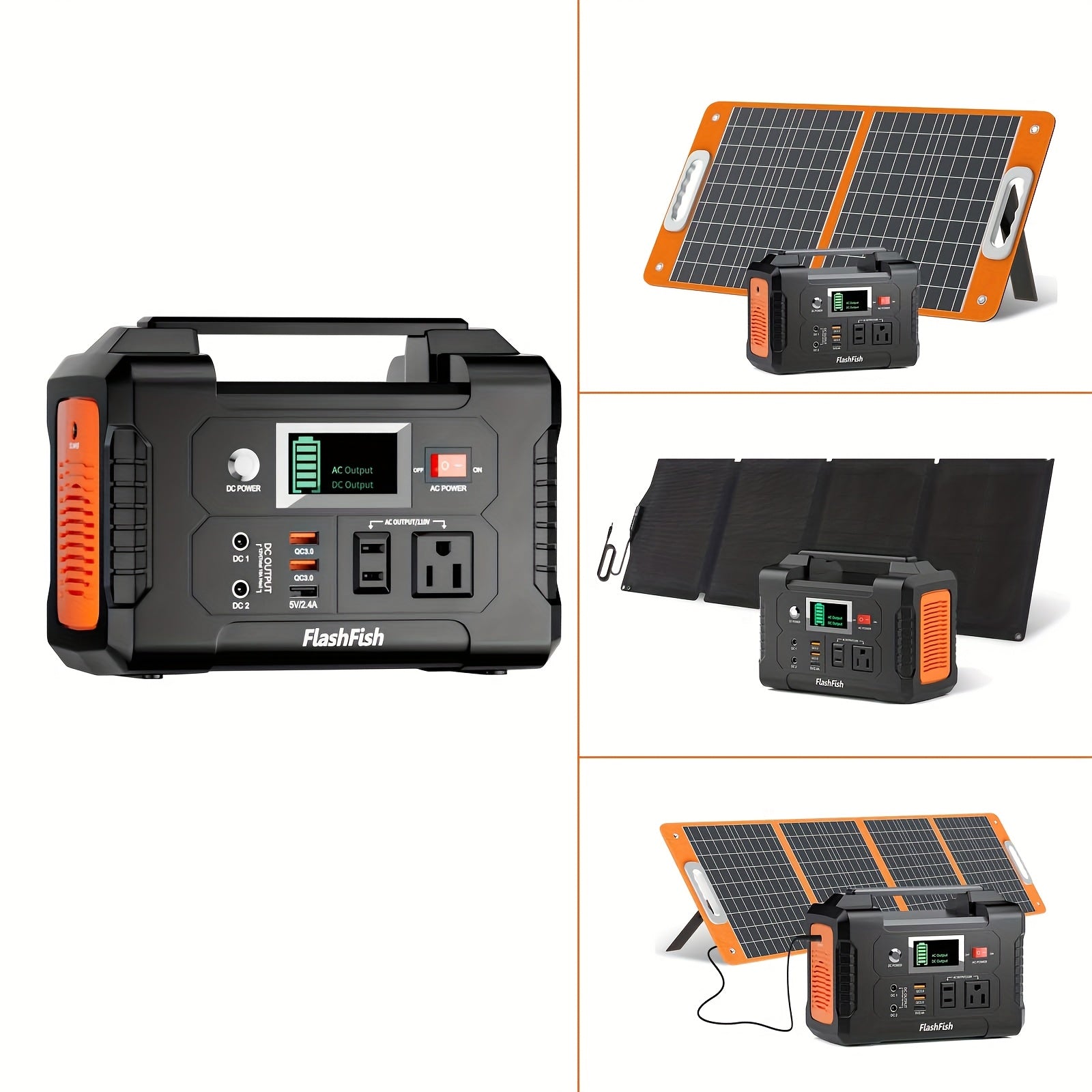 Flashfish 便攜式電源站鋰電池組，120W/150W/200W 便攜式太陽能發電機站，60W/100W 太陽能板可選，151Wh 鋰電池備用電源，具備 110V AC USB DC 輸出，適用於家庭緊急情況、戶外露營、露營車、釣魚