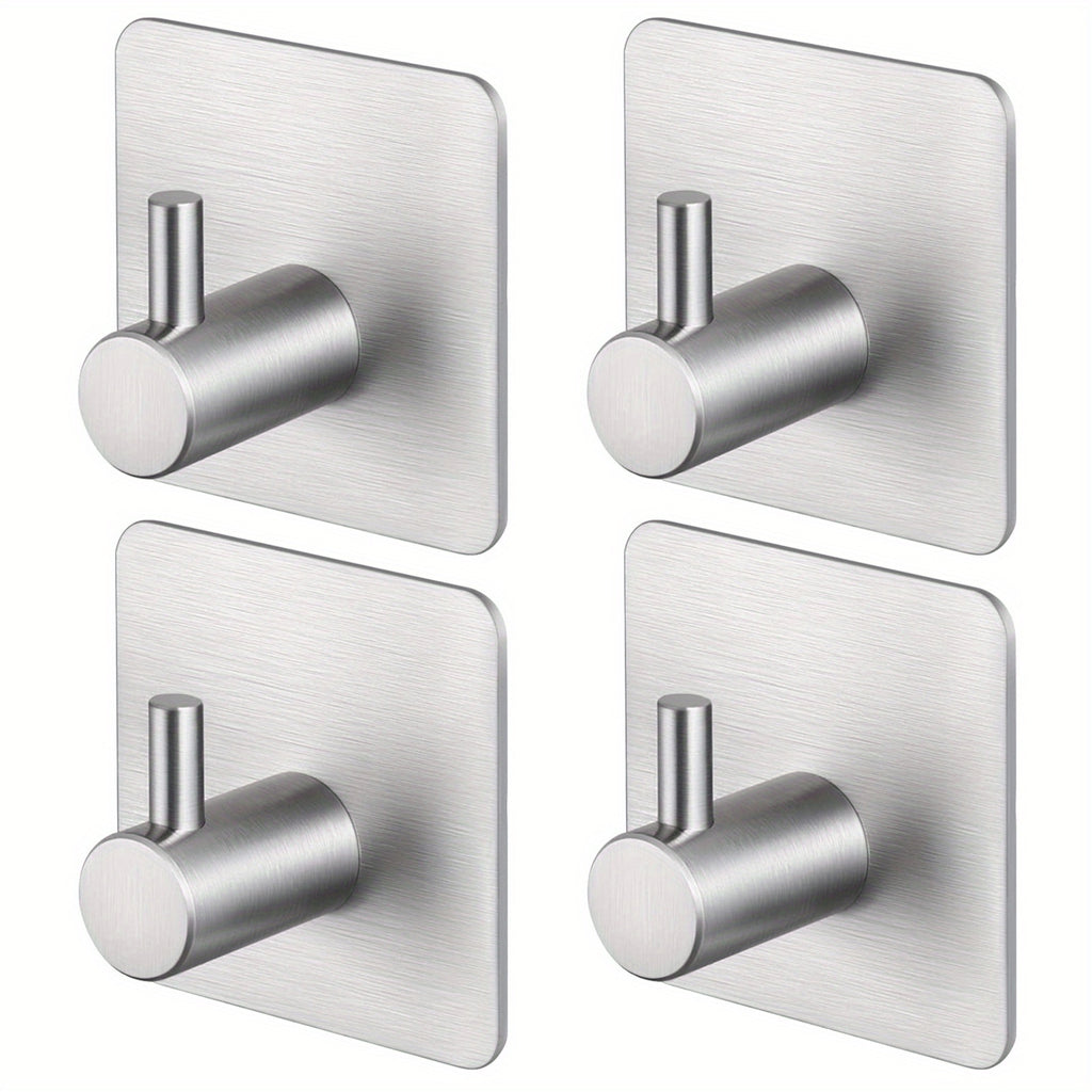 4 Pack Heavy Duty Adhesive Hooks - Towel Hooks, Stick-on Wall Hooks, Waterproof Stainless Steel for Bathroom, Kitchen & Home - Black & Silver