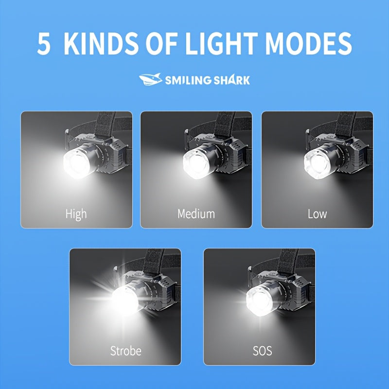 SMILING SHARK Rechargeable Headlamp, Super Bright XHP50 LED Core, USB Charging Cable Included, Zoomable Focus Adjustable, Hands-Free Design with Detachable Headband