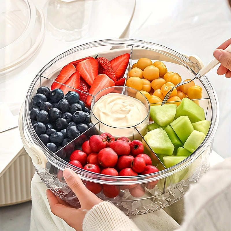 Clear Divided Vegetable Serving Tray with Lid & Dip Section – Rotating Fruit Platter for Parties, Outdoor Picnics, Catering, Takeout & Food Delivery – Ice Cold Handled Basket for Fridge – Perfect for Snacks