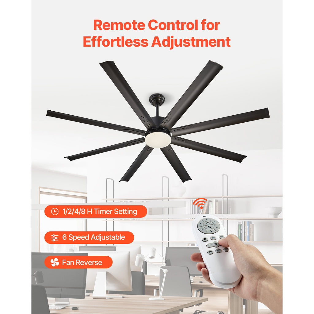 VEVOR 72/84 Inch Ceiling Fan with Light, 6-Speed Remote Control, Reversible Motor, Black
