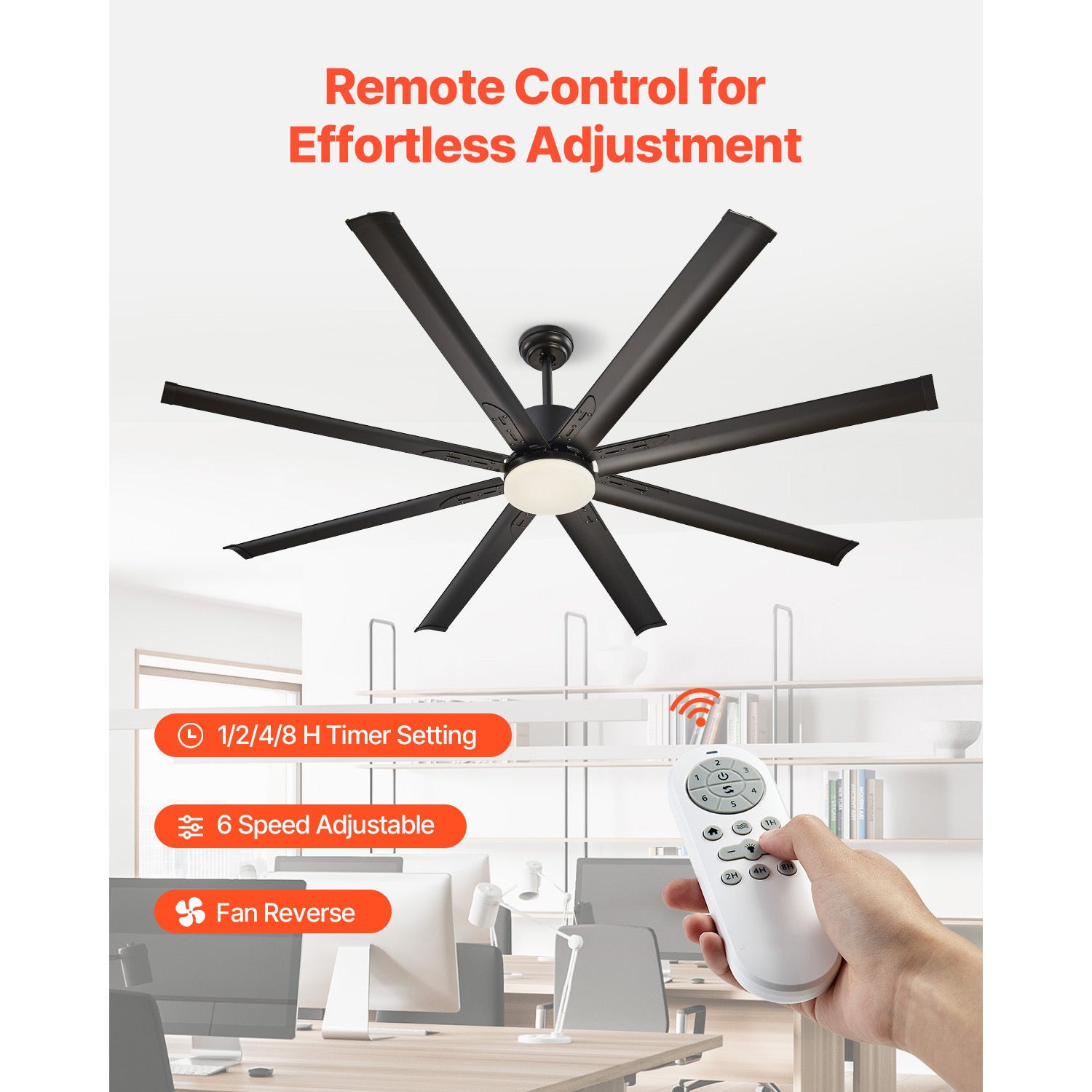 VEVOR 72/84 Inch Ceiling Fan with Light, 6-Speed Remote Control, Reversible Motor, Black