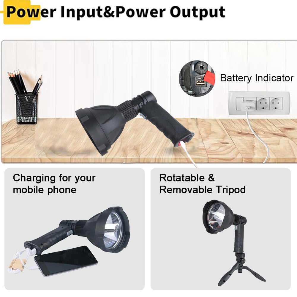 Professional spotlight - 1000 lumen LED rechargeable flashlight with 360° adjustable tripod, USB-C fast charging & 3 lighting modes, portable handheld spotlight suitable for camping, hunting, emergency and work (tripod included)