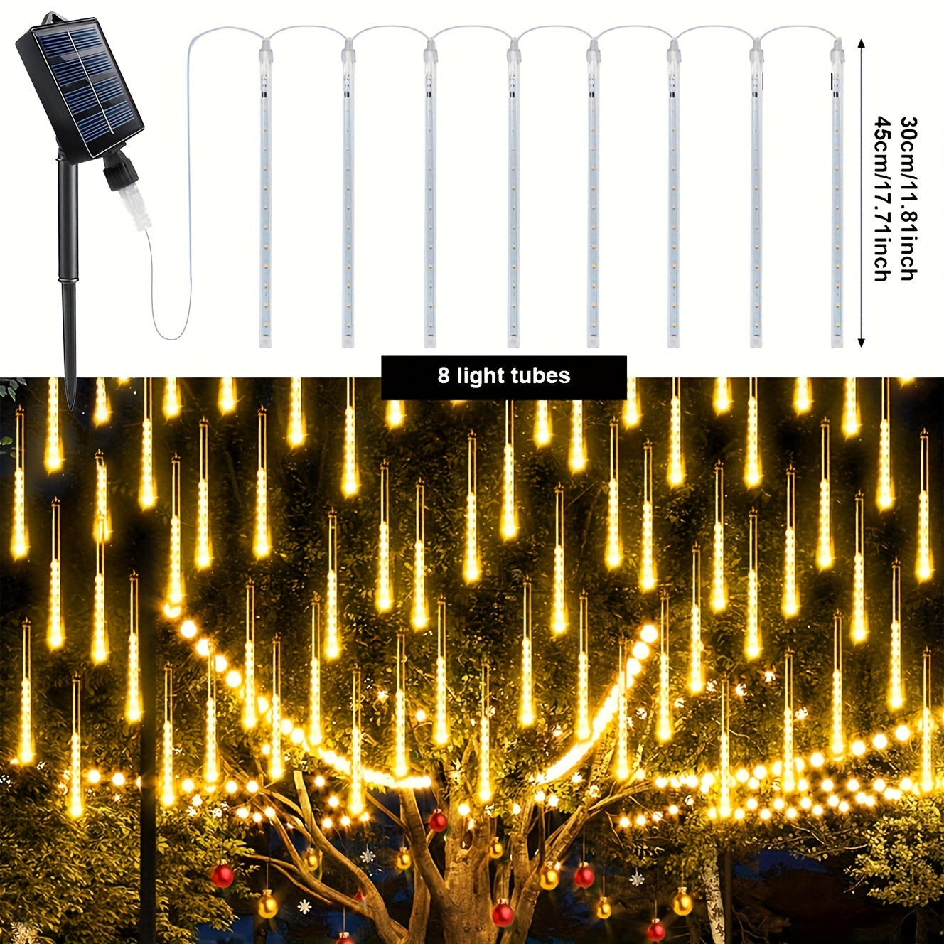 One solar remote control meteor light, with 8 tubes, outdoor waterproof, suitable for Christmas, Halloween, birthday, wedding and outdoor holiday decoration, meteor light