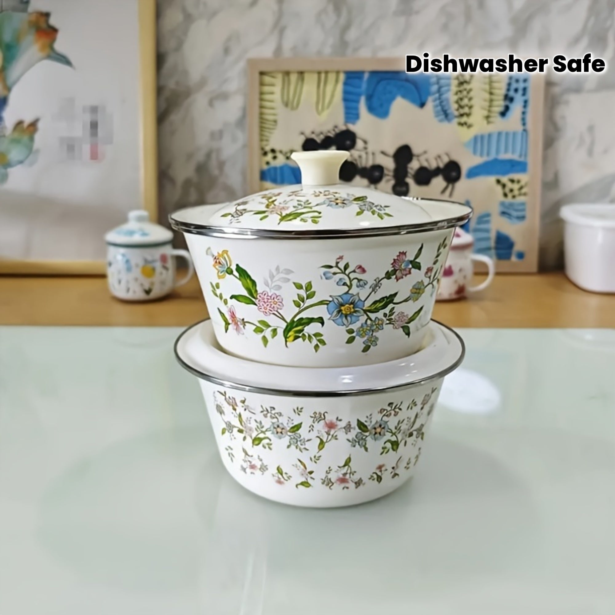 Multifunctional Enamel Thick Soup Bowl with Lid, Floral Pattern – Scratch-Resistant & Durable – Perfect for Home Cooking & Catering – Dishwasher Safe, Permanent Kitchen Essential