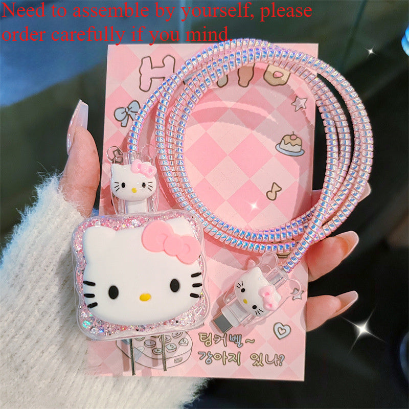 Sanrio Collaboration Hello Kitty Glitter Charging Case Set, Includes a 20W USB-C Fast Charger for Apple, Anti-Bend Protective Case, Suitable for Car/Home/Travel, Tangle-Free And Non-Slip Transparent Silicone Cable Organizer, Adorned with a Cute Bow