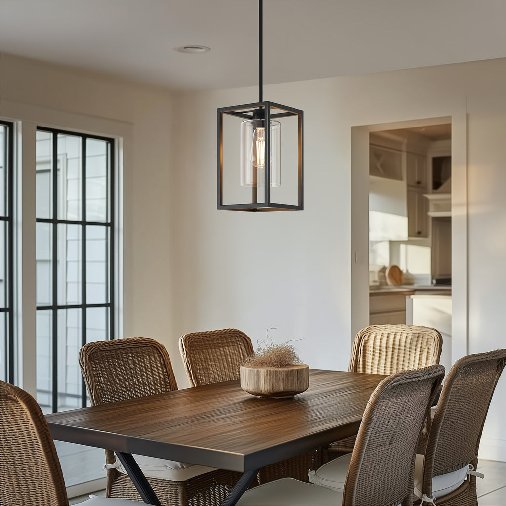 Vintage black industrial pendant light - single-head clear glass shade, durable metal construction, semi-flush mount kitchen dining room café home decoration, E26 bulb base (bulb not included), ambiance ceiling light | pendant light for dining room