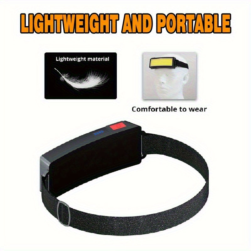 1Pc Bright COB LED Headlamp, 3 Modes Head Light, USB Rechargeable Hands-Free Flashlight, Portable Head Mounted Searchlight, Angle Adjustable, Ideal for Hiking Fishing Camping Adventure Home Emergency Lighting