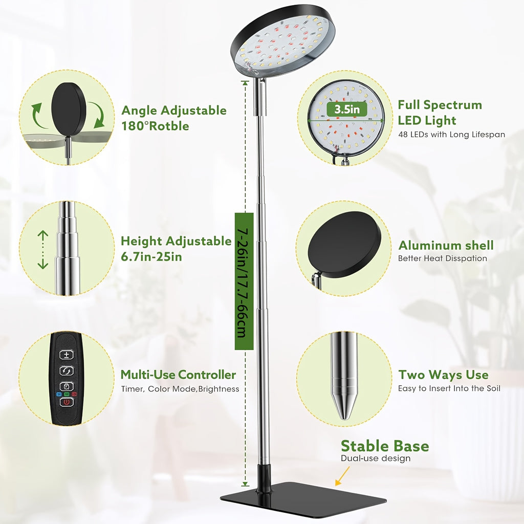 Full Spectrum LED Grow Light for Indoor Plants, 48 LED Beads, 2 Installation Options, 3 Selectable Spectral Modes, 3/9/12 Hours Timing Function, 10-Level Dimmable Brightness, Adjustable Height from 6.7 Inches to 26 Inches