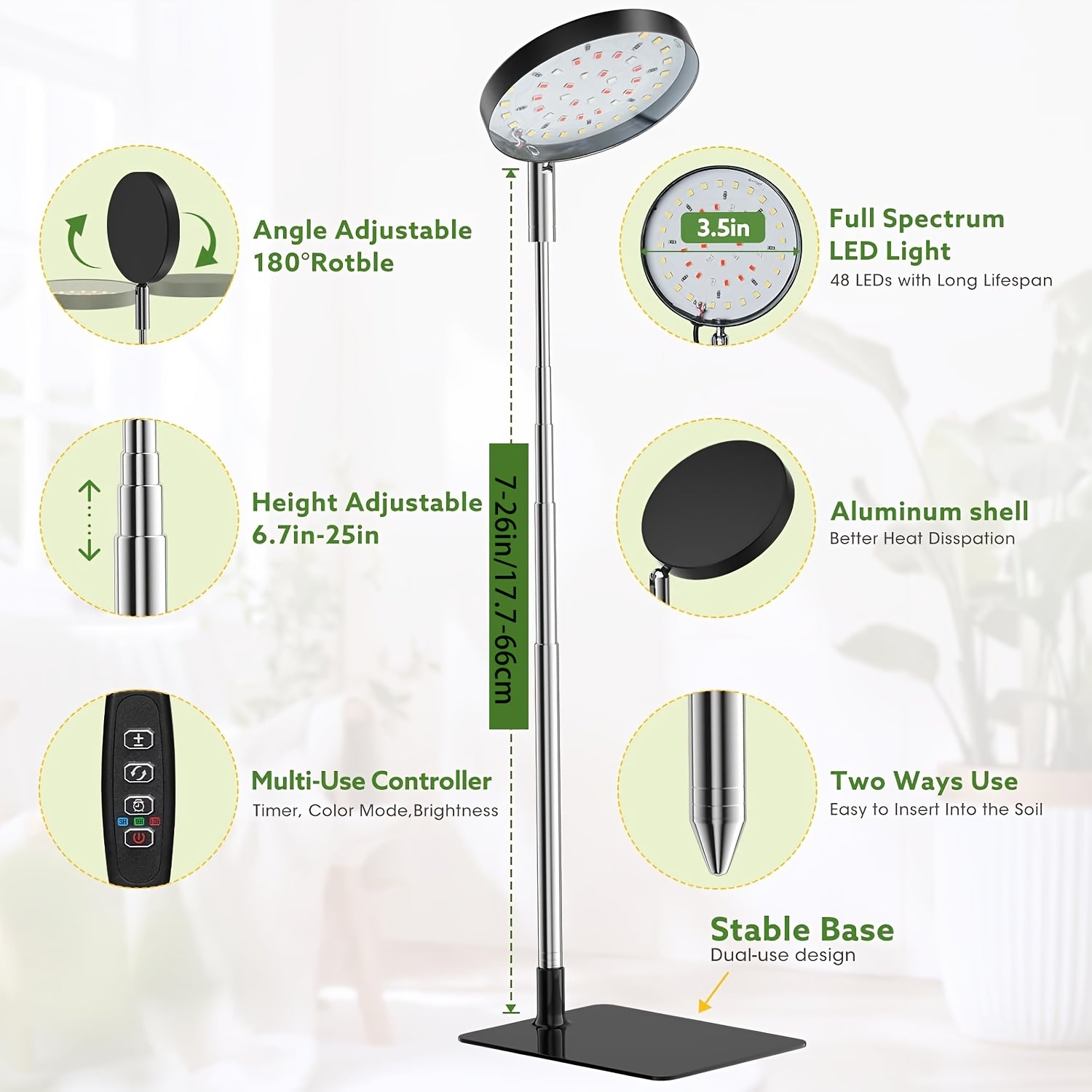 Full Spectrum LED Grow Light for Indoor Plants, 48 LED Beads, 2 Installation Options, 3 Selectable Spectral Modes, 3/9/12 Hours Timing Function, 10-Level Dimmable Brightness, Adjustable Height from 6.7 Inches to 26 Inches