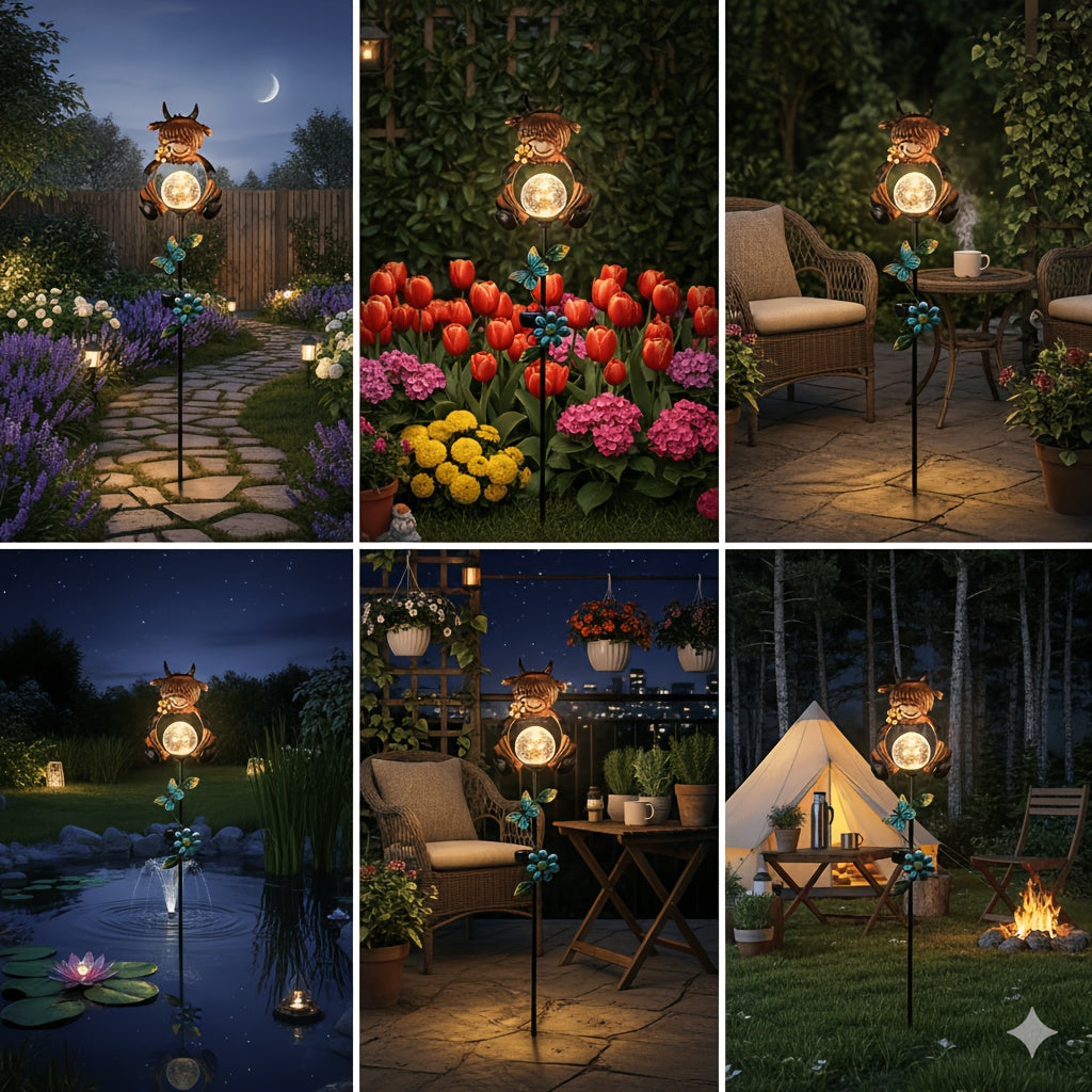 1 Highland Cow Solar Garden Ground Insert Light, LED Small Path Light, with Cracked Glass Ball and Butterfly Decoration, Whimsical Farmhouse Courtyard Art, Suitable for Outdoor Patio Lawn Walkway Decoration