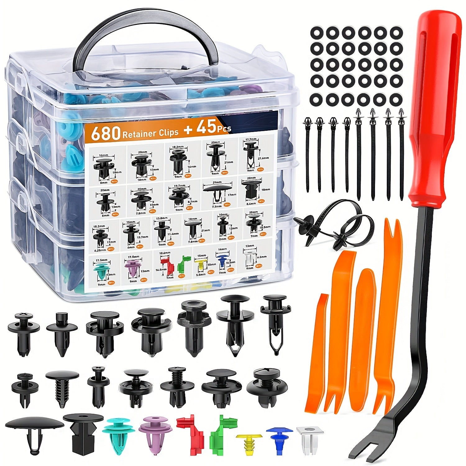 725-Piece Automotive Retainer Clip and Plastic Fastener Assortment, Includes 16 Common Sizes of Nylon Bumper and Fender Rivets, Comes with 10 Cable Ties and Removal Tool – Made of Durable Insulated Material for Automotive and Industrial Use