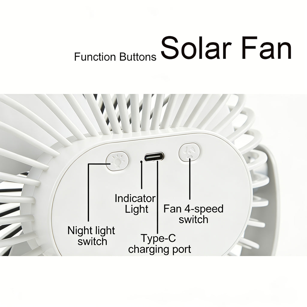 Solar Camping Fan Light - 5-Speed Rechargeable Clip-On Fan, Dual Power Supply (Solar & Battery), Built-in Rechargeable Lithium Battery, USB Charging Port and 5V Solar Panel - Multi-Scene Use: Picnic, Hiking, Fishing and Indoor Home Use During Hurricanes