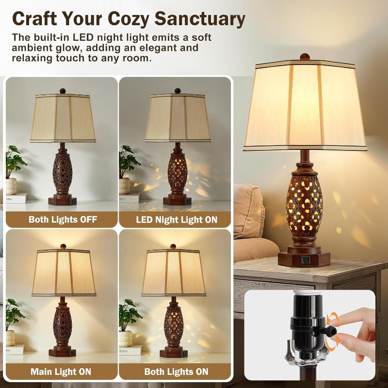Bedside lamp set (2-pack) - 23.5-inch vintage table lamp, equipped with USB A+C ports and night light function - brown carved resin farmhouse style desk lamp, suitable for bedroom, side table and living room, bulbs included