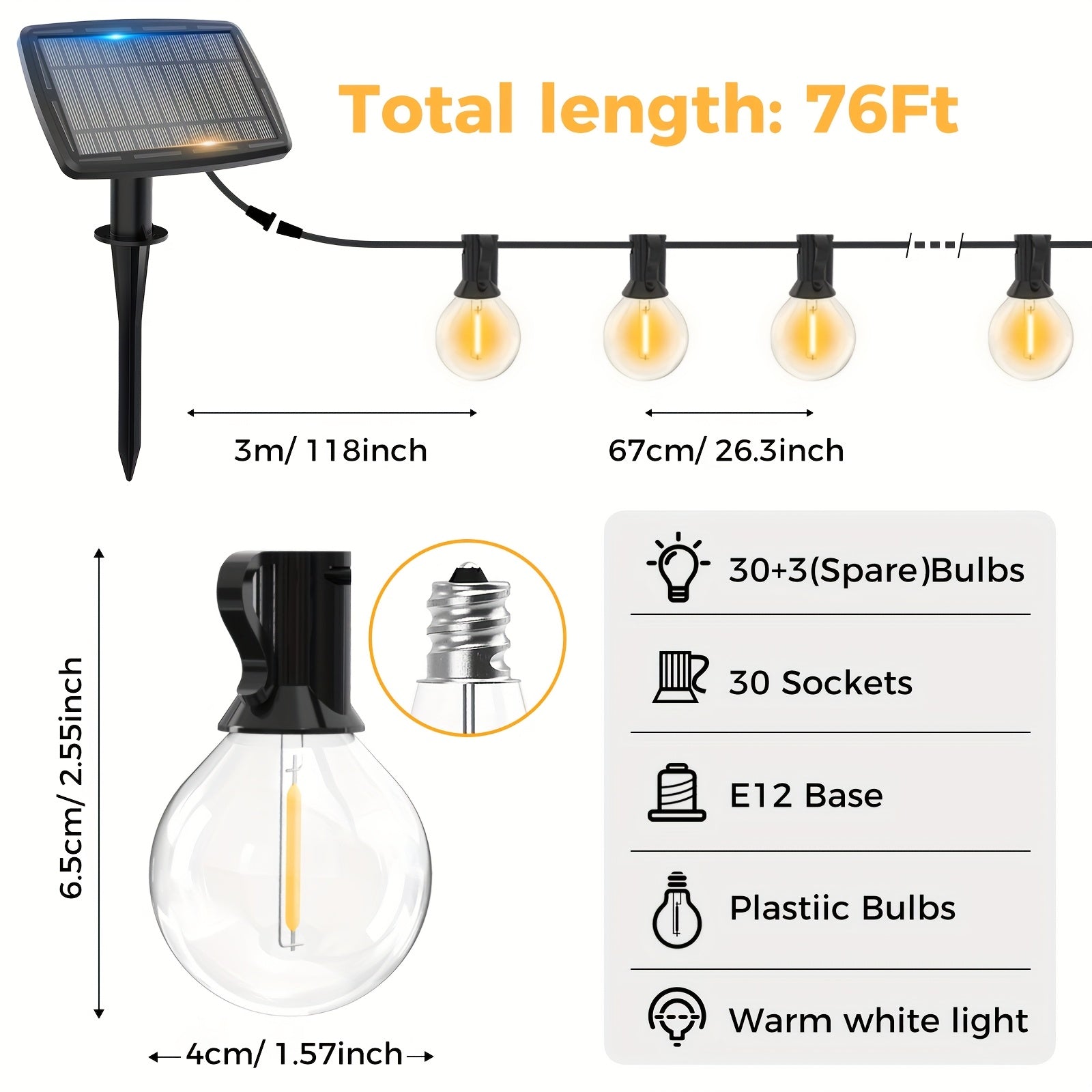 75 英尺户外太阳能灯串，IP44，30+3 LED 露台灯，可调光 4 种灯模式，圣诞节、派对、婚礼、后院装饰用太阳能悬挂灯，最适合圣诞节