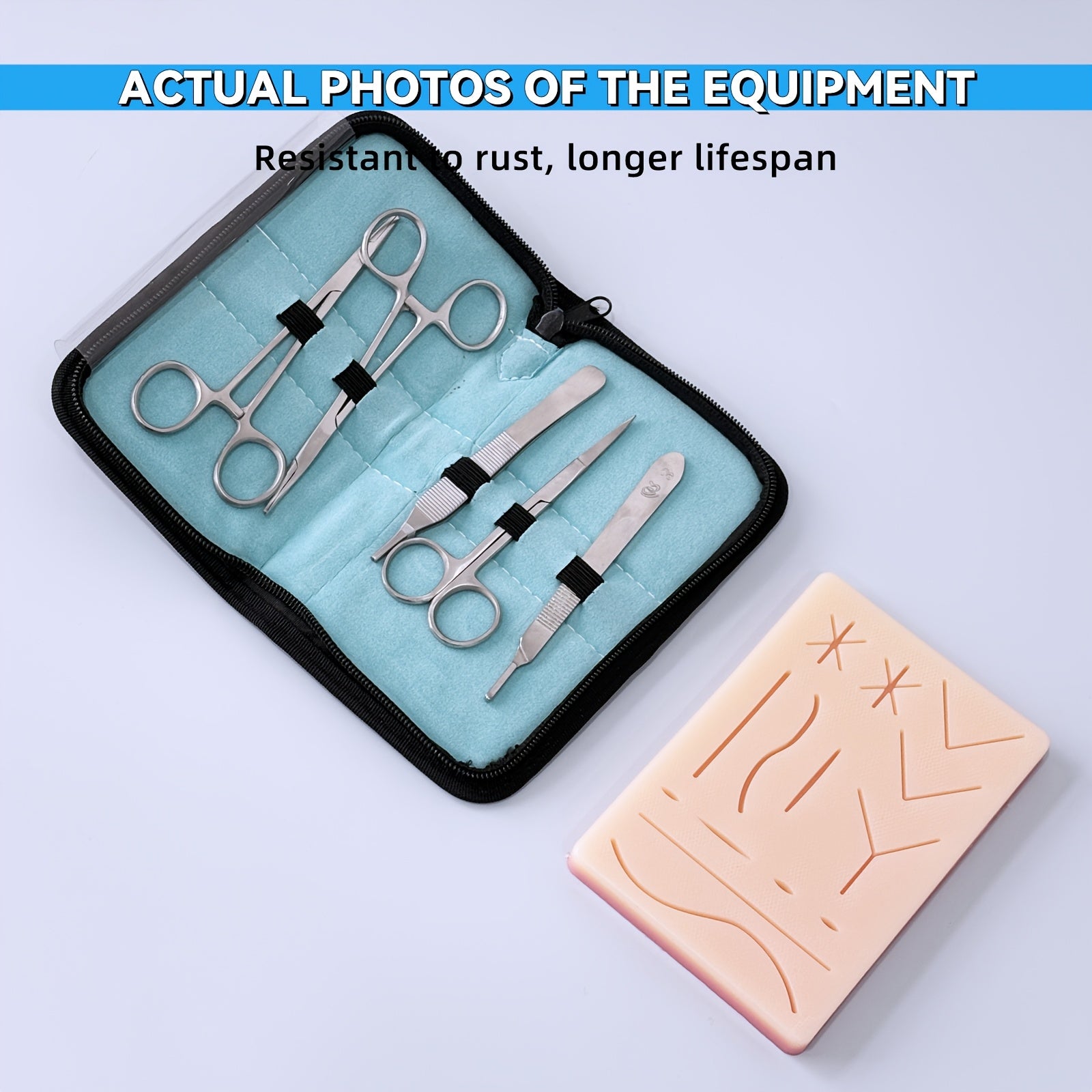 [12PCS-缝合训练模型]学生学习训练模拟垫，硅胶模型，蓝色器械包+多伤口模拟缝合训练模型，仅限教育学习使用。