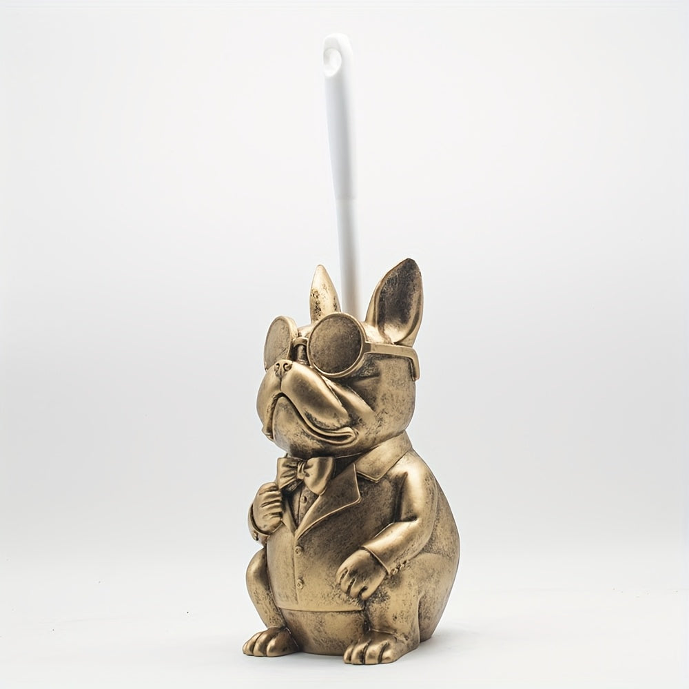 Original Antiqued Copper Dog Sculpture Toilet Brush Holder - Resin Animal Toilet Brush Holder & Compact Plastic Toilet Brush, Bathroom Accessory Set