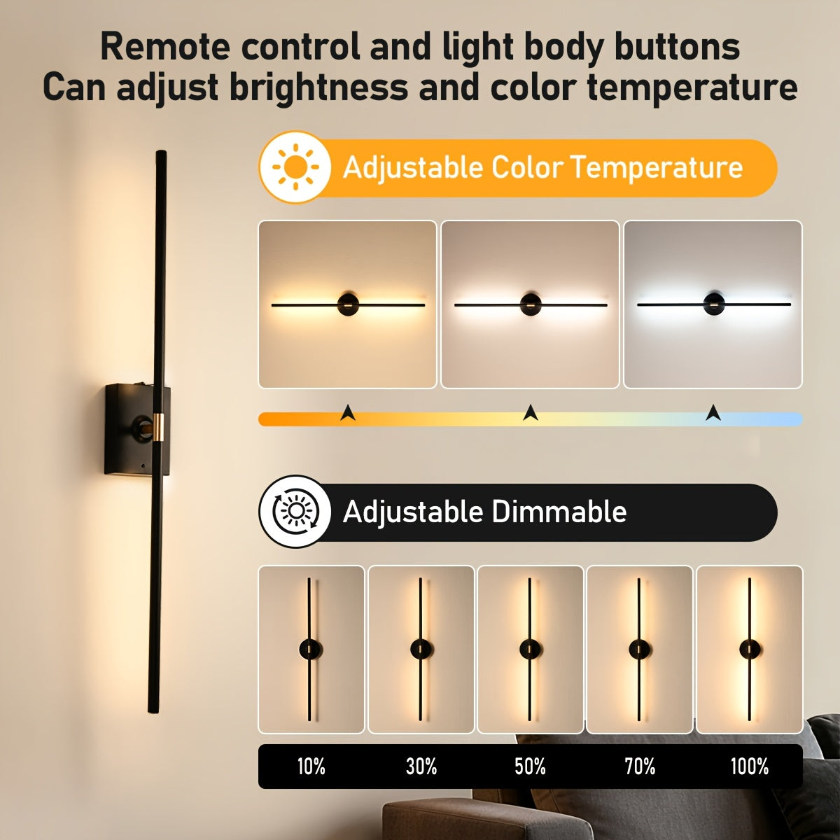 /2-Piece Modern Black Gold Cordless Wall Light with Remote Control and USB Charging, Rechargeable Lithium Battery Powered (No Plug-In Required), Stepless Dimming Sleep Mode and Memory Function, 3-Color Stepless Dimming