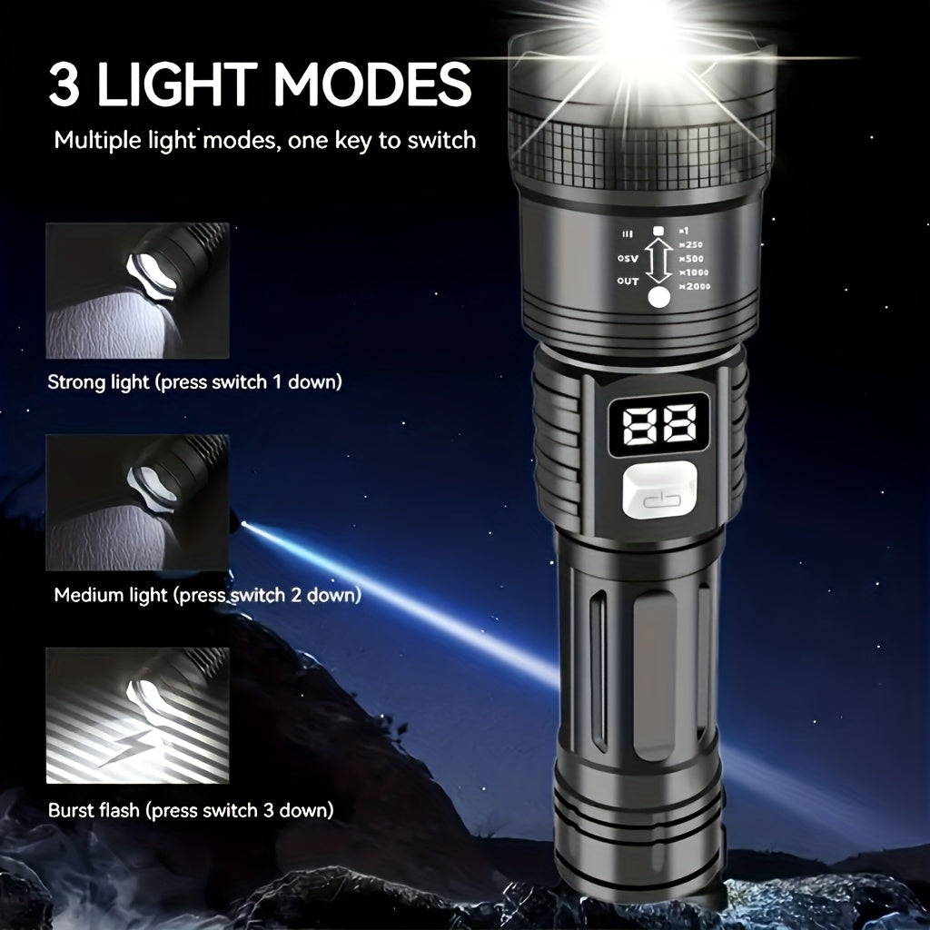 4-pack rechargeable high-power LED flashlight, with zoomable focus function, ultra-bright long-range beam, tactical work light, suitable for camping, hunting, hiking, emergency, equipped with LCD digital display screen