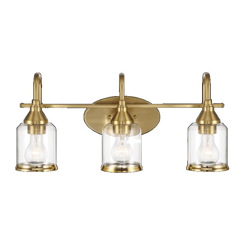 Twilight three-light brushed gold modern vanity light 22"W × 10"H × 7.48"E, with clear glass