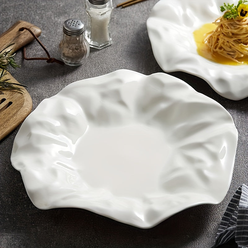 1 pc, Creative Pleated White Ceramic Dinner Plate, Hotel Serving Plate, Pasta Plate, Dessert Plate, Restaurant Commercial Plate, Dessert Tray, Sashimi & Sushi Platter