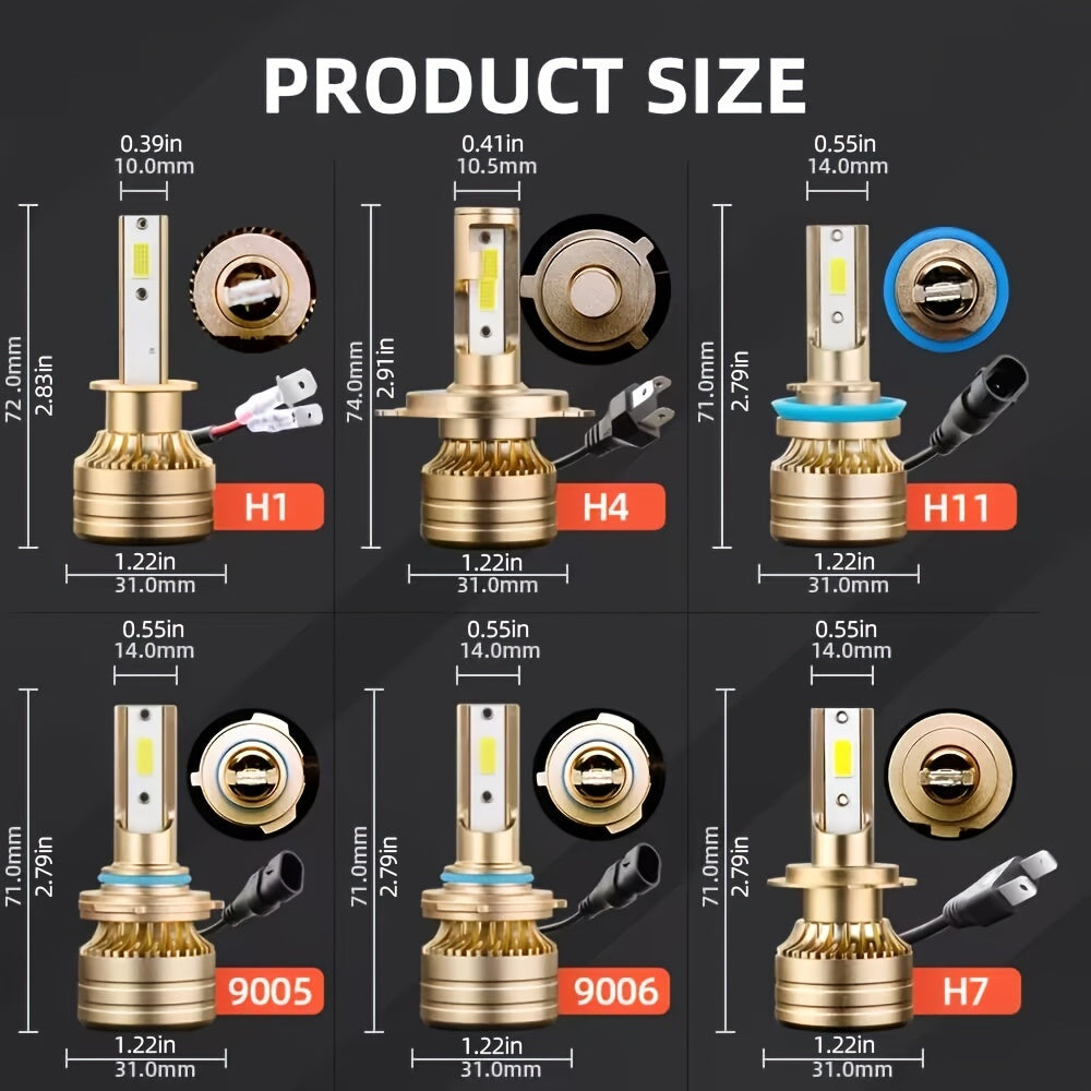 2Pcs Shining Bright Car Headlights 9005/HB3 9006/HB4 H11 H4 H7 H1 High/Low Turbo Light, 30000 Lumens 120W 6000K White Light Bulb 700% Brightness, 500m Illumination Range