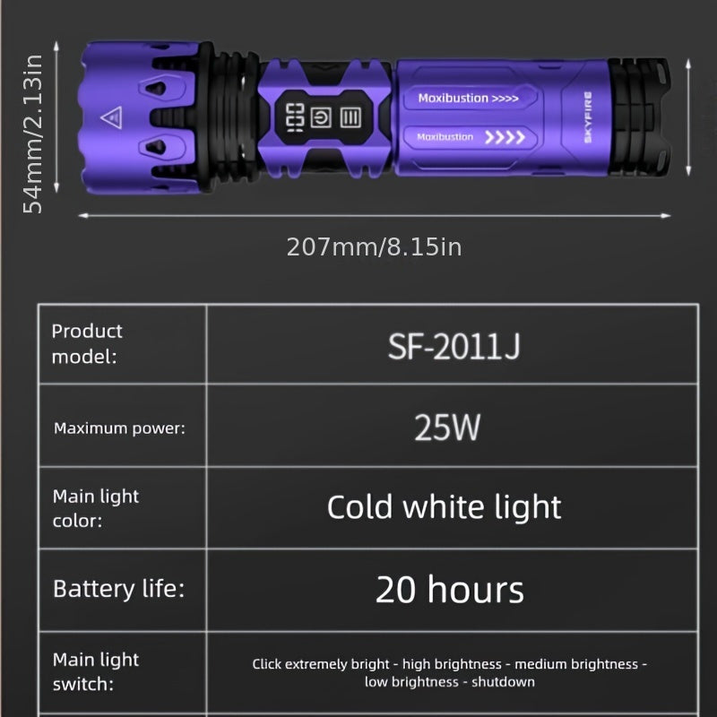 SKYFIRE LED High Brightness Display Flashlight High Lumen Ultra Bright Rechargeable Flashlight Long Endurance Zoom Function Built-in Floodlight Mode for Camping Outdoor Activities Farm Patrol Night Riding