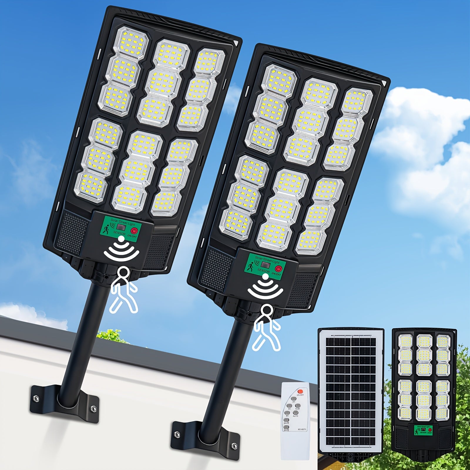 Super Bright LED Solar Street Light, Outdoor Waterproof Parking Lot Light, Garden Solar Lighting (Dusk to Dawn), Wide Angle Motion Sensor and Remote Control, Perfect for Garden, Patio and Road Lighting