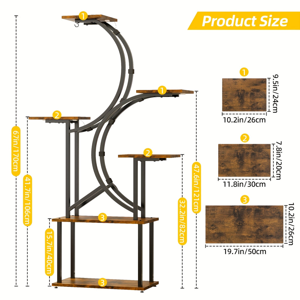 Indoor Plant Stand with Grow Light, 6/7-Tier Multi-layer Large Polygonal Metal Curved Display Shelf, Ideal for Balcony, Home Decor and Christmas Decoration