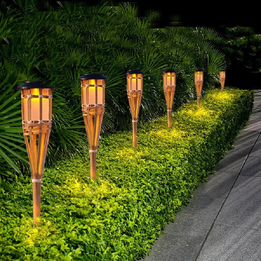 Solar Bamboo Craft Lawn Light, Warm Cozy Light, Flickering Flame Effect, Outdoor Lighting, Bamboo Ground Insert Torch Light, for Courtyard, Garden Path, Landscape Decoration