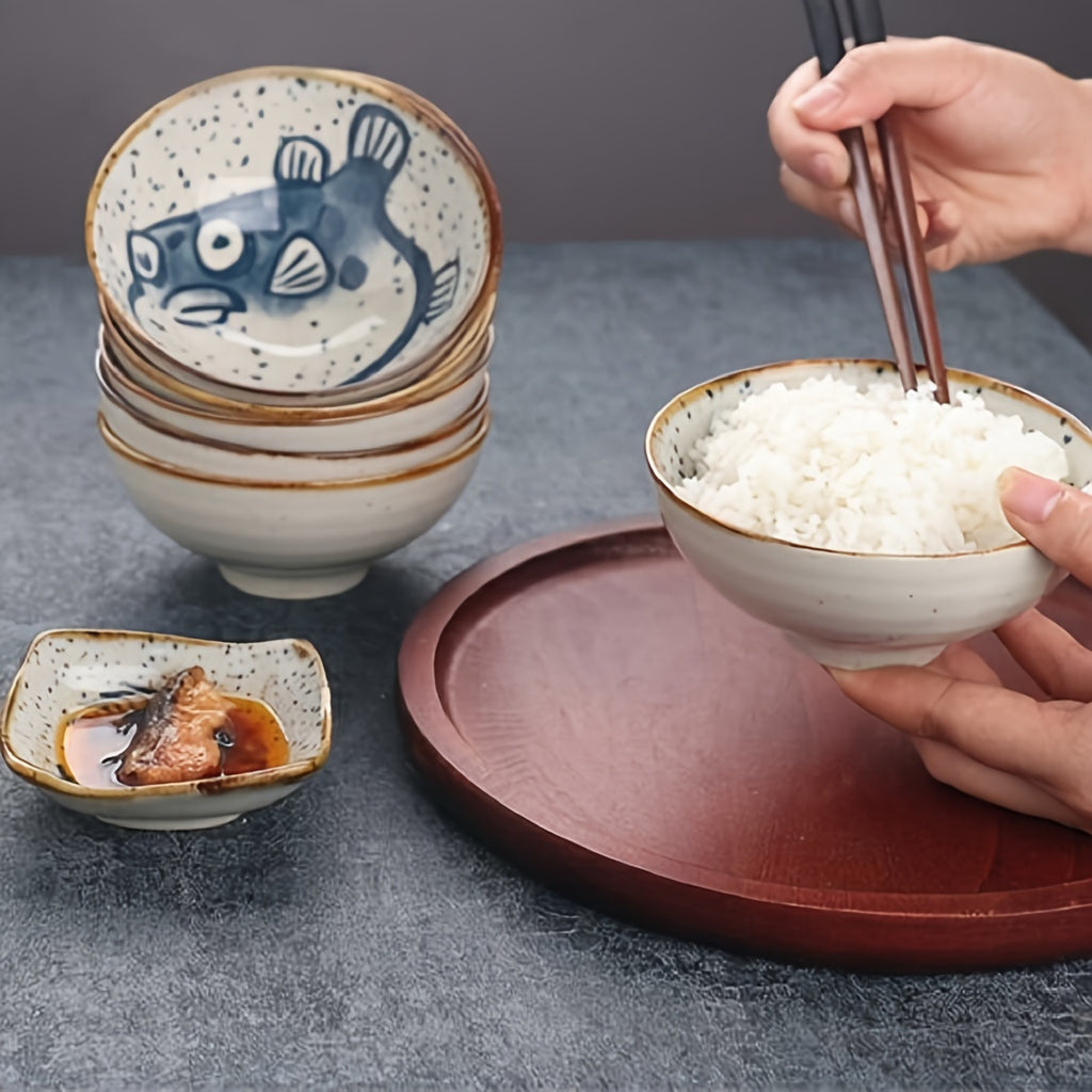 4pc/6pc 4.75-Inch Vintage Ocean Ceramic Bowl – Rice Bowl, Yogurt Bowl, Fruit Bowl, Dinner Bowl