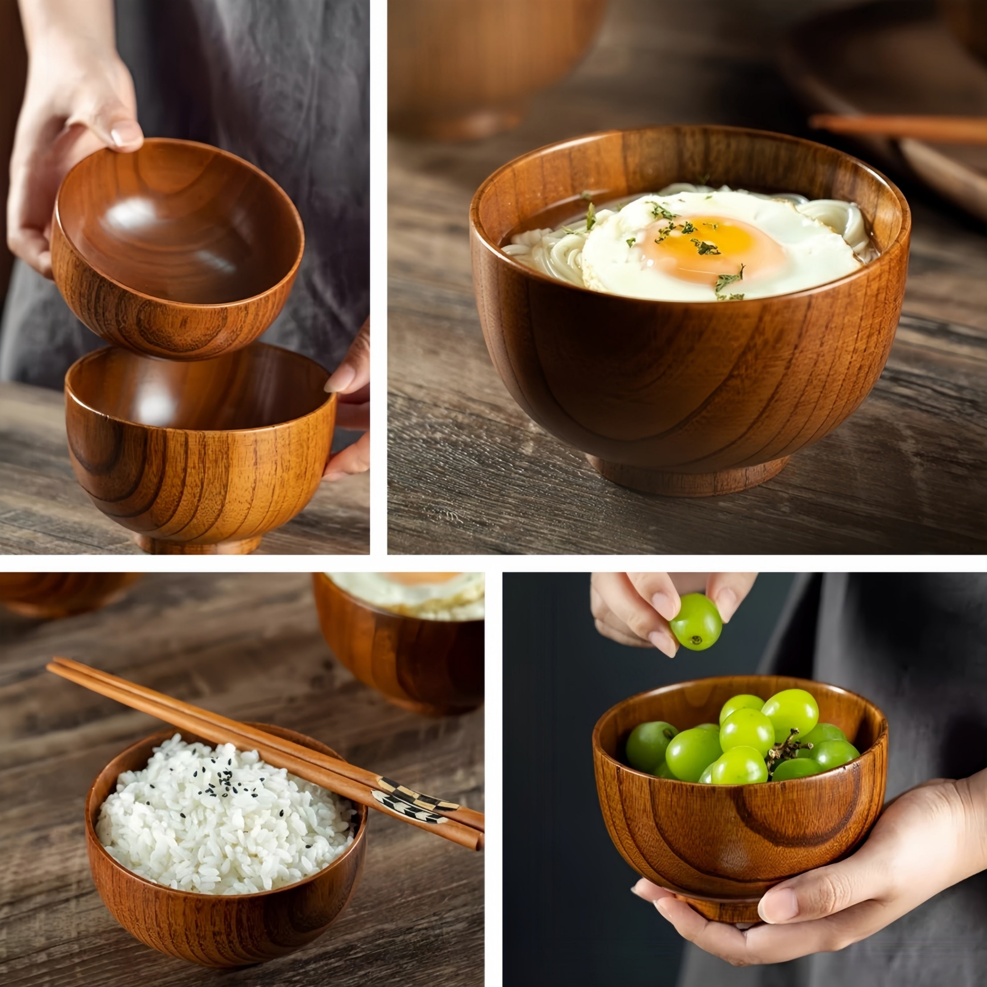 Japanese Vintage Solid Wood Bowl – Anti-Scald Protection for Home Use, Travel & Takeout Camping Drop-Proof Bowl, Kitchen Utensil – Rice Bowl, Noodle Bowl, Soup Bowl, Salad Bowl, Fruit Bowl, Jam Wooden Bowl