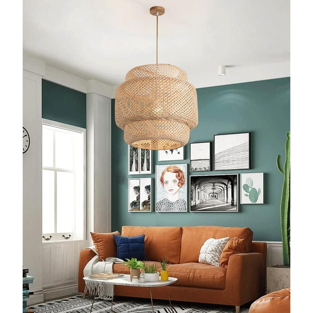 Three-layer rattan pendant light – 19.7-inch hand-woven natural dome light fixture, with 59-inch adjustable hanging rope, bohemian style chandelier, suitable for living room, dining room or entryway – compatible with E26 bulb (bulb not included)