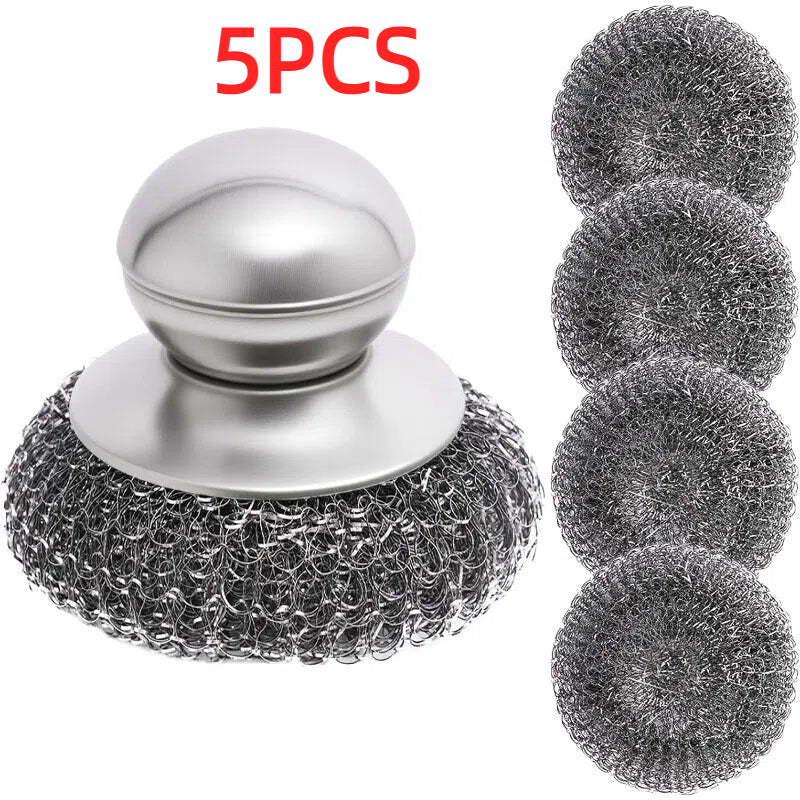 Stainless Steel Kitchen Scrubber Brush with Handle – Heavy-Duty Pot & Dish Cleaning Tool for Stubborn Stains, Easy-Grip Design for Effortless Kitchen Cleaning