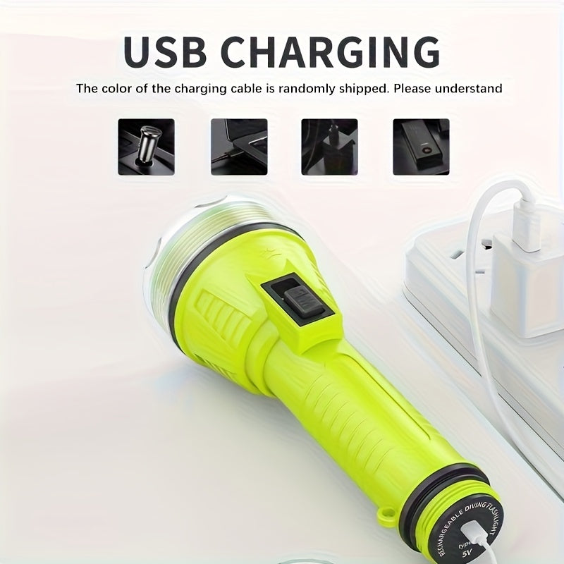 1Pc LED Diving Flashlight, Professional Underwater Torch, IPX8 Waterproof USB Rechargeable Diving Light, High Brightness Outdoor ABS Plastic Portable Flashlight, Ideal for Diving, Swimming, Hiking, Fishing