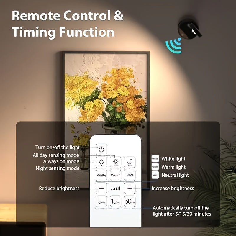 Upgraded Motion Sensor and Remote Dual Control Spotlight, Made of ABS Material with Solid Color Design, Featuring Unique Mountain-Shaped Gradient Lighting for Artistic Space Enhancement, 3 Adjustable Color Tones