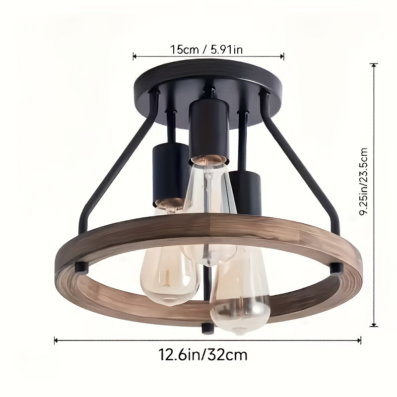 3-Light Metal Shade Wood Semi-Flush Mount Ceiling Light | Warm Glow Atmosphere Lighting, Suitable for Hallway, Bedroom and Kitchen, Modern Farmhouse Style Light Fixture, Living Room Chandelier, Rustic Decor, Oil-Rubbed Finish