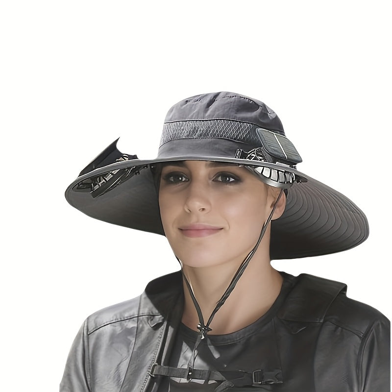 Solar Fan Sun Hat, Rechargeable with Charging Port, Summer Outdoor Wide Brim Bucket Hat, Adjustable Chin Strap, Breathable Mesh, Perfect for Outdoor Sports and Beach Activities