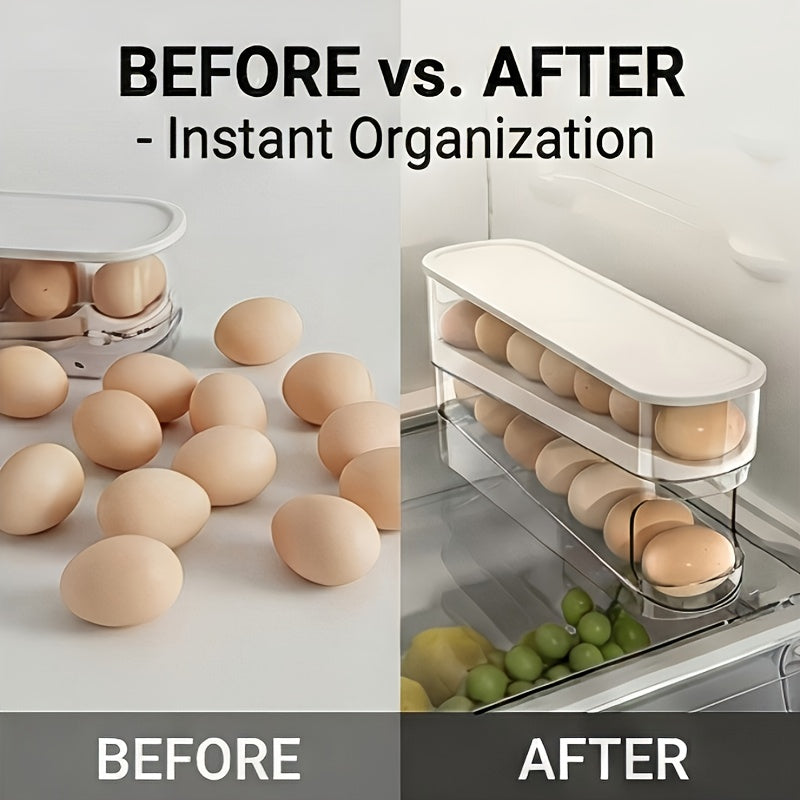 Space-Saving Double-Layer Transparent Automatic Rolling Egg Storage Container with White Lid – Made of Durable PP Plastic – Double-Layer Egg Storage System