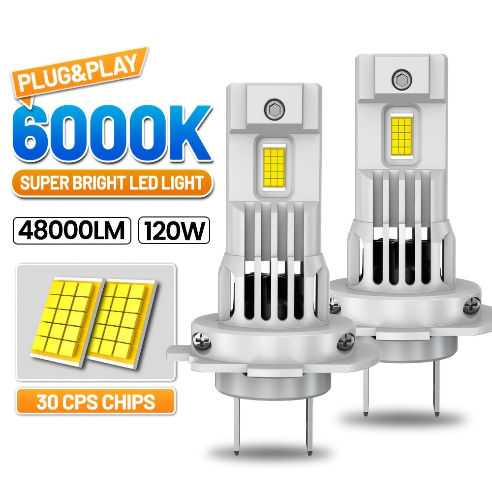 2-Pack H7 LED CANBUS Headlights 1:1 Mini Size with Cooling Fan Car Front Headlights 48000 Lumens Super Bright Wireless Turbo Fog Light Bulbs 6000K Car Light 12V