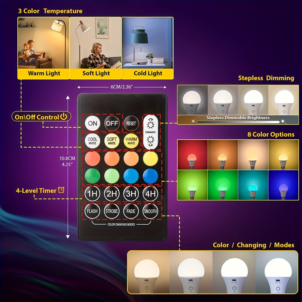 E26/E27 rechargeable remote control timer bulb, 13-color dimming portable wireless battery backup light, suitable for wall lamps and table lamps, detachable charging design, suitable for non-hardwired fixtures, with dimming function