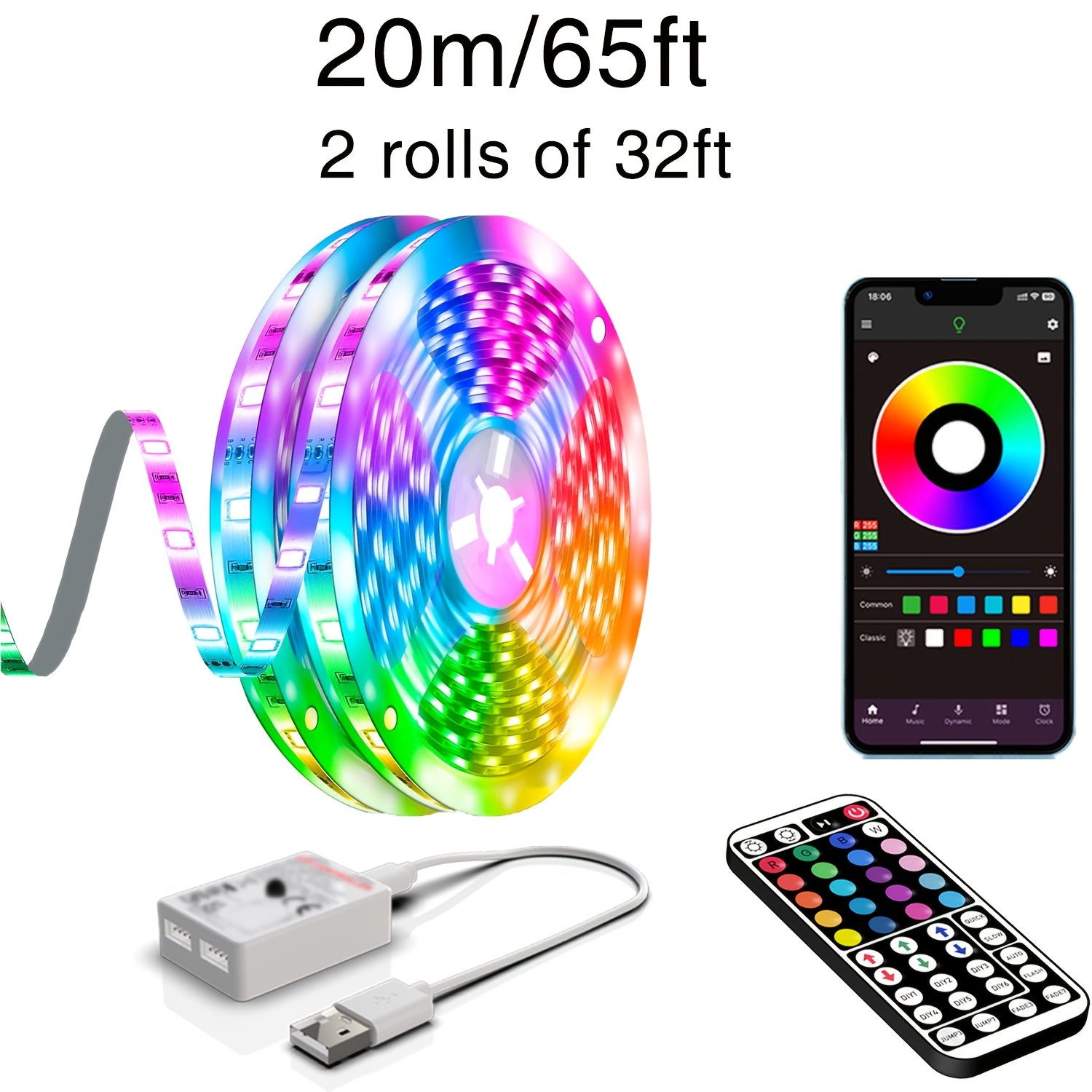 NBBUFF 3.28-100英尺智能电子LED灯带，USB供电RGB灯带，房间装饰照明，支持APP和遥控，定时功能，音乐同步，1600万种颜色，64+种场景模式，适用于卧室、电视、电脑背光、万圣节、圣诞节、派对及婚礼装饰