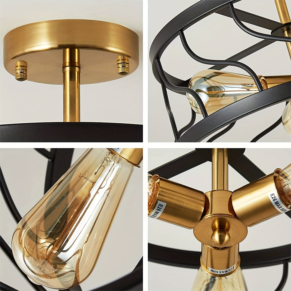 Modern 3-Light Black and Gold Semi-Flush Mount Ceiling Fixture with Drum Cage Design - Elegant Metal Lighting for Kitchen, Hallway, Bedroom or Living Room, E26 Base (Bulb Not Included), Living Room Decor | Modern Ceiling Light | Durable Metal