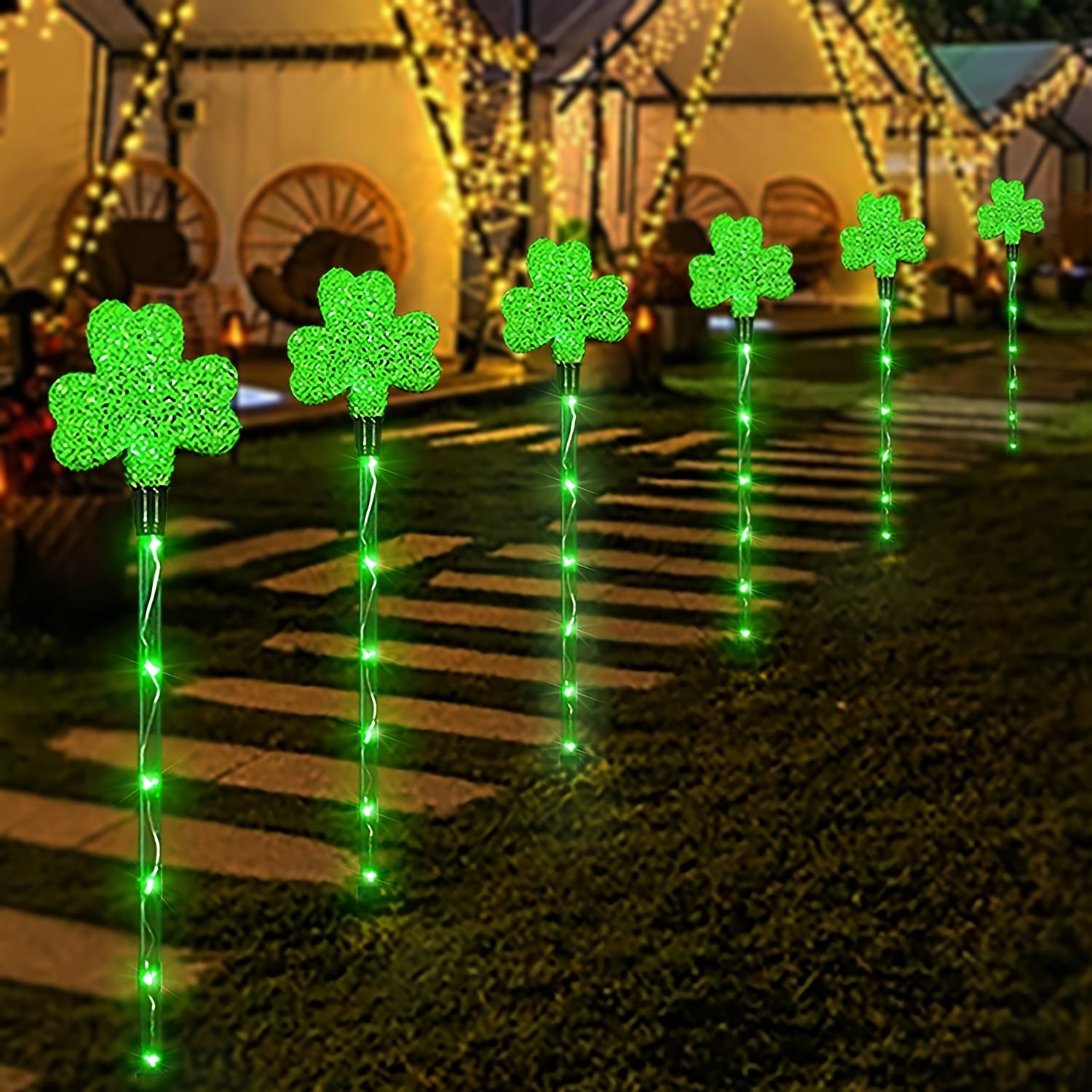 1 Set of 6 Clover Solar Lights, for St. Patrick's Day Decoration, Outdoor Green Garden Wooden Stake Lights, 8-Mode Lucky Clover Light, for St. Patrick's Day, Yard, Path Decoration
