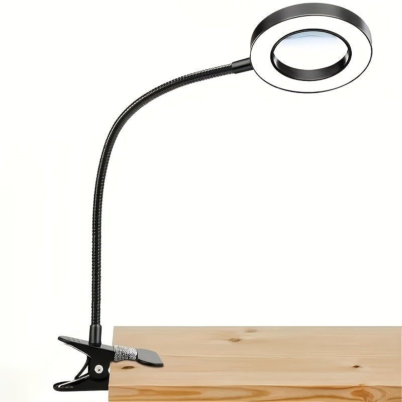 48 LED beads, diamond painting magnifying desk lamp with clip, 50cm adjustable gooseneck fill light, 3 color temperatures (cool white/neutral/warm yellow), 5-7W USB-powered craft light, 2-meter long cord, push-button switch, 9cm large lens