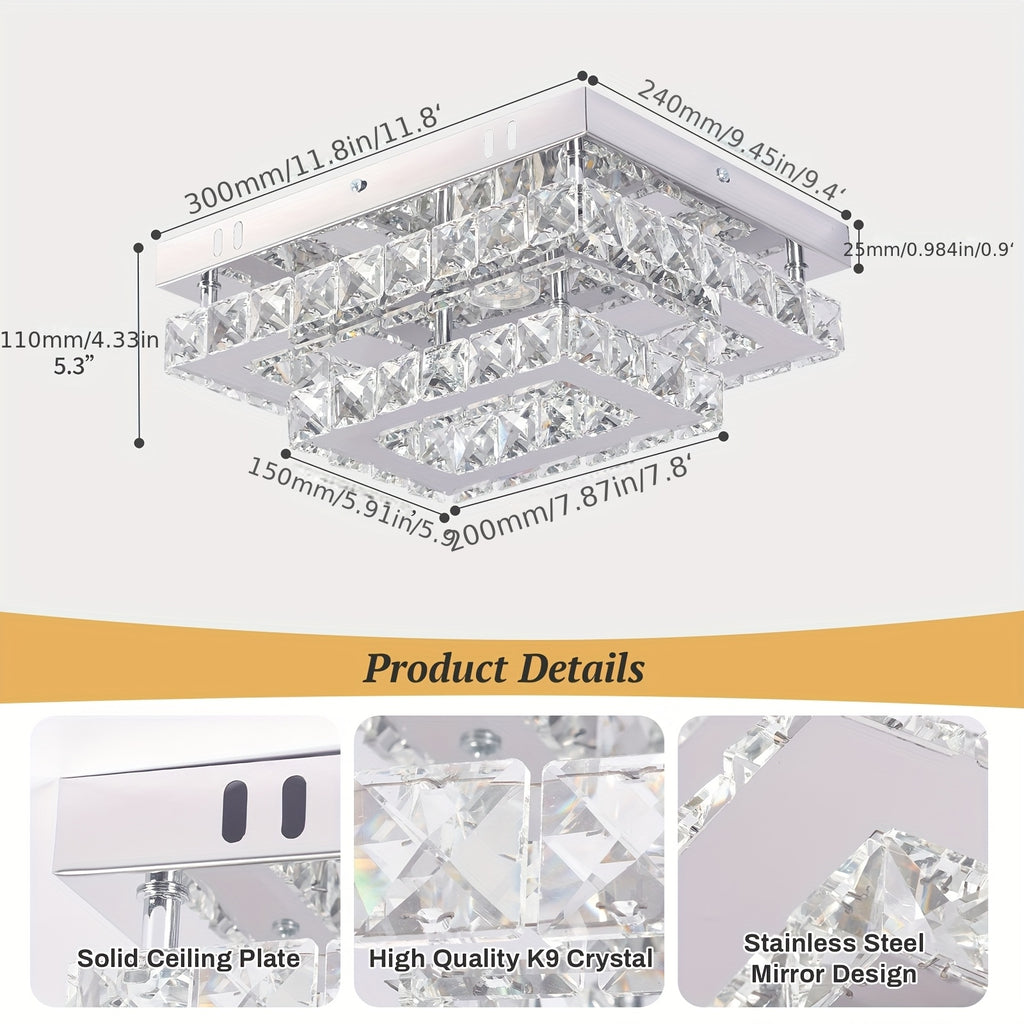LED crystal ceiling light, modern recessed rectangular ceiling light, K9 stainless steel ceiling lighting fixture, chandelier, suitable for living room, bedroom, dining room (cool white light)