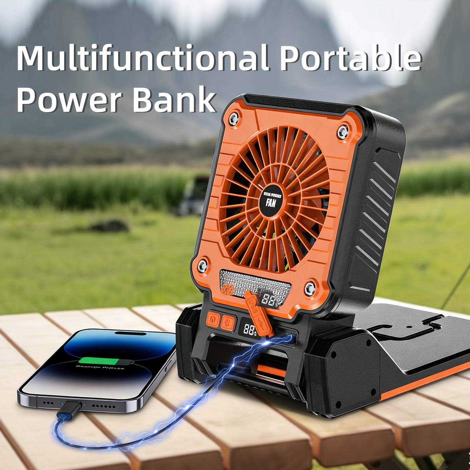 1PC Single Motor Camping Fan, Solar LED Camping Fan, 180° Rotatable Adjustable Angle Fan, Portable Outdoor Fan with Hook, Support Input and Output Charging Function, Suitable for Tents