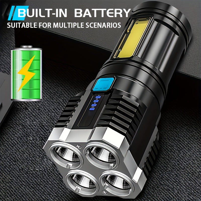 1PC 4LED Flashlight with COB Side Light, 4 Lighting Modes USB Rechargeable, Camping Tool, Plastic Material